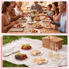 Family gathering with pink scalloped paper plates and floral centerpieces