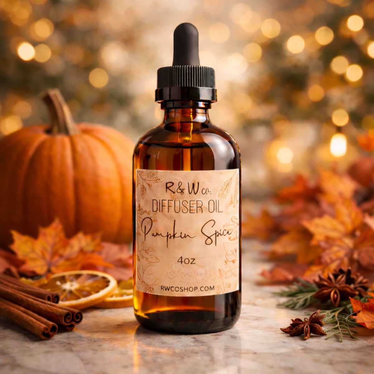 Pumpkin Spice diffuser oil bottle with autumn decor background