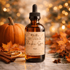 Diffuser oil bottle with Christmas Spirit label in festive setting