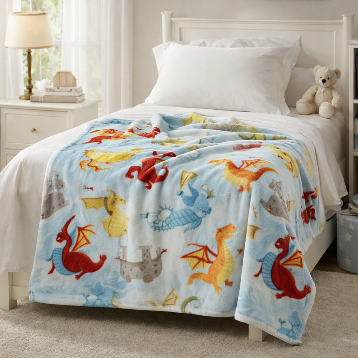 Dragon printed fleece blanket by Regal Comfort draped on the edge of a children's bed