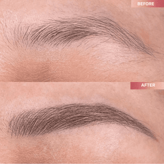 Close-up of eyebrow before and after using Revorie Taupe brow pen