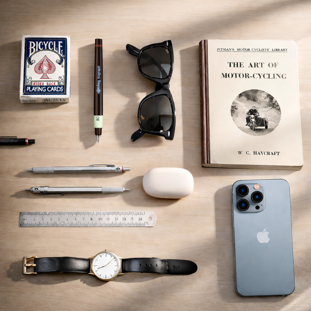 Lifestyle image of the Rotring pen amongst a collection of items including a phone, watch, books, and stationery on a wooden surface.