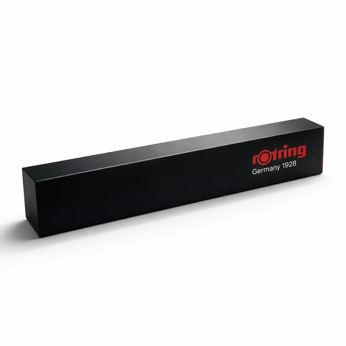 Black box packaging for the Rotring pen on a white background