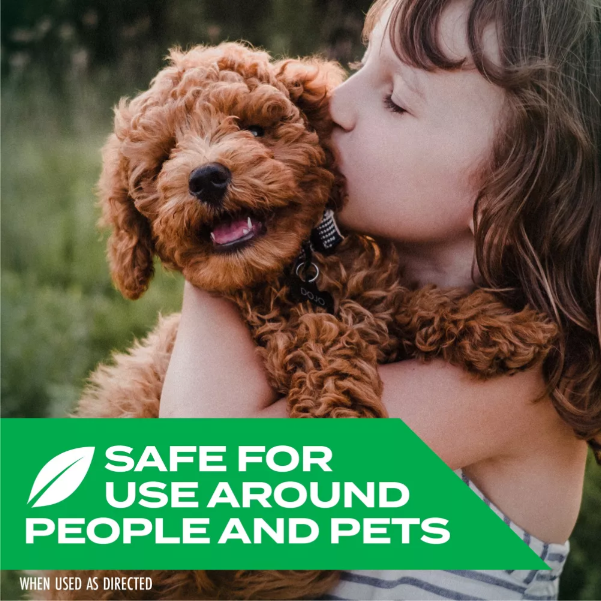 Child kissing a brown dog with a green safety label at the bottom.