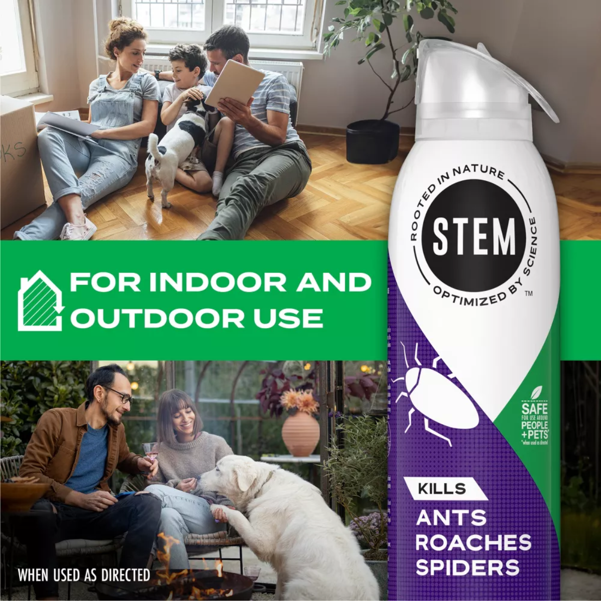 Family with a dog relaxing indoors, with a bottle of STEM pest control product displayed.