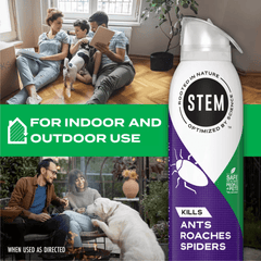 Family with a dog relaxing indoors, with a bottle of STEM pest control product displayed.