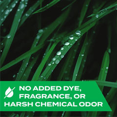 Green grass with water droplets and a green label stating 'No added dye, fragrance, or harsh chemical odor'.