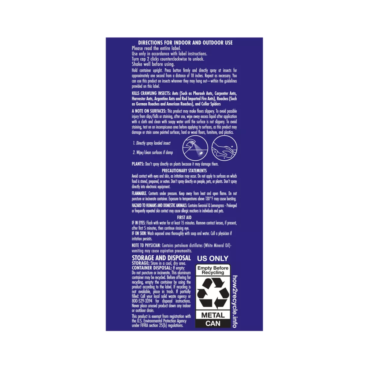 Back label of STEM Ant, roach and spider insecticide with text and symbols on a blue background