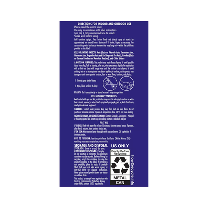 Back label of STEM Ant, roach and spider insecticide with text and symbols on a blue background