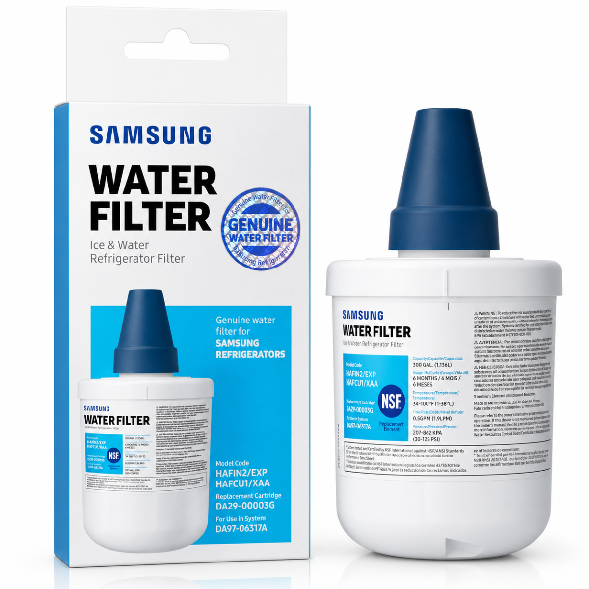 Samsung water filter replacement part shown with its retail box on a white background. The product is a white cylindrical filter cartridge with a dark blue top cap, alongside the white and blue packaging.