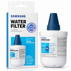 Samsung water filter replacement part shown with its retail box on a white background. The product is a white cylindrical filter cartridge with a dark blue top cap, alongside the white and blue packaging.