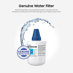 Samsung genuine water filter for refrigerator use, shown on a light gray background with a water splash graphic behind it. The filter is white with a blue cap, and text above reads 'Genuine Water Filter' with a Samsung badge.