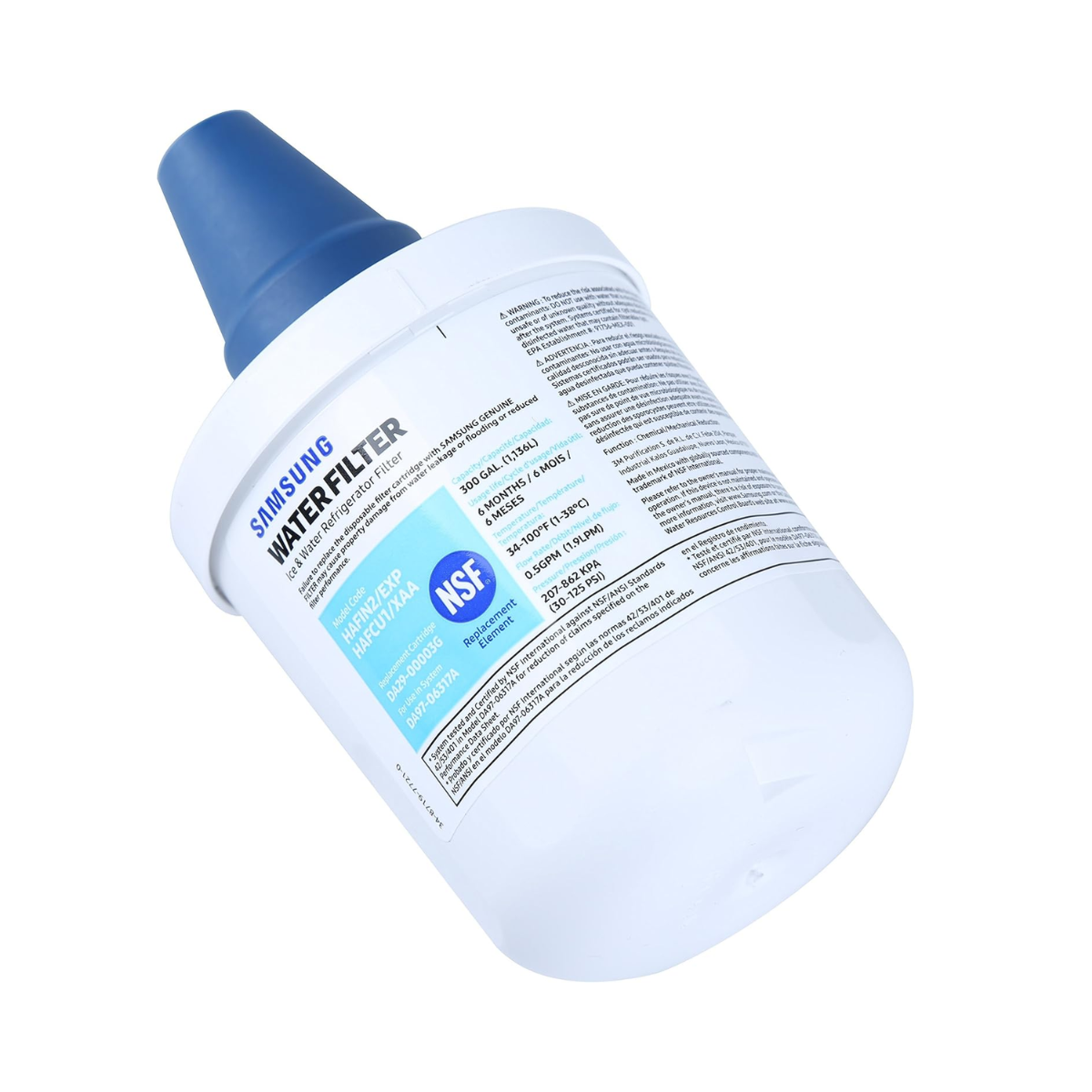 Samsung genuine water filter cartridge with a white body, blue cap, and blue NSF label, shown on a plain white background.