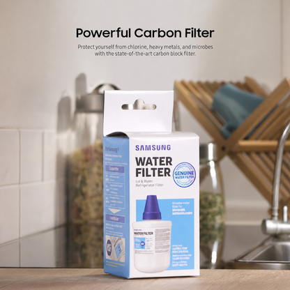 Samsung genuine water filter box shown on a kitchen counter with a blurred sink and dish rack in the background. Text at the top reads 'Powerful Carbon Filter' with a brief description of benefits.