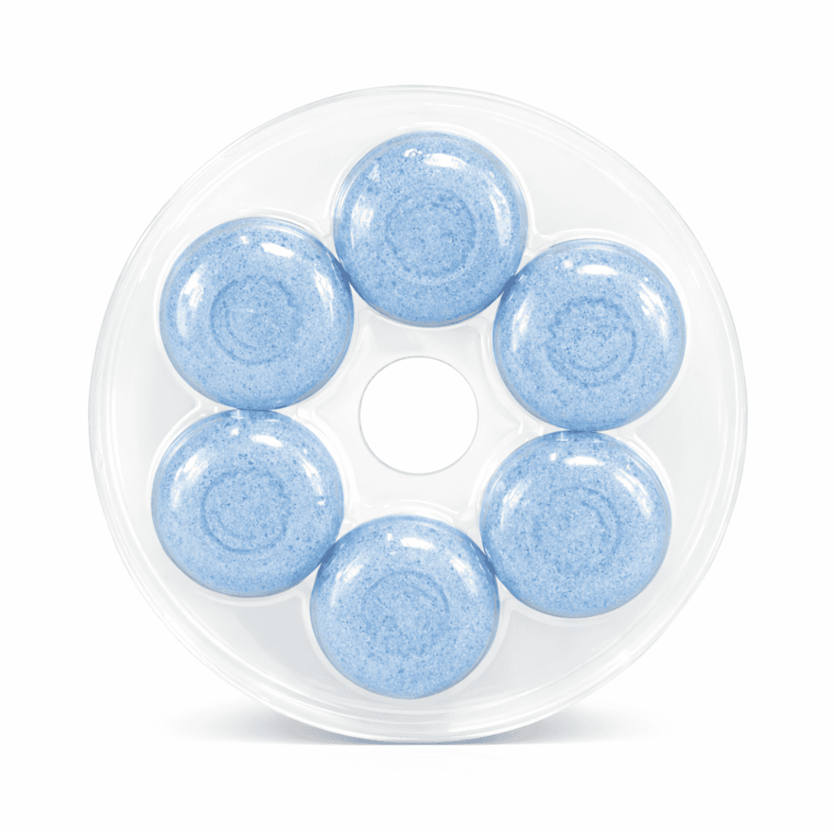 Round plastic case with 6 blue toilet cleaning tablets inside