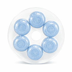 Round plastic case with 6 blue toilet cleaning tablets inside