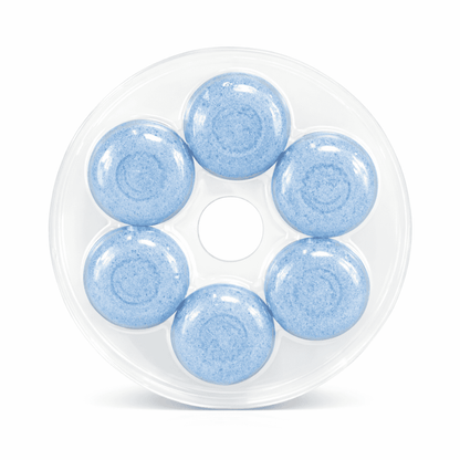 Round plastic case with 6 blue toilet cleaning tablets inside