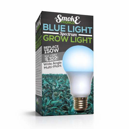 SmokePhonics Blue Spectrum LED Grow Light Bulb 11W in retail packaging, designed to replace 150W bulbs for indoor gardening use.