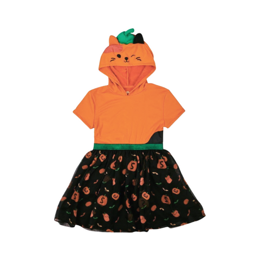 Girls' Squishmallows Halloween Cosplay Cat Pumpkin Dress – Black & Orange