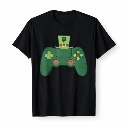 Black St. Patricks day t-shirt with a green gaming controller design on a white background