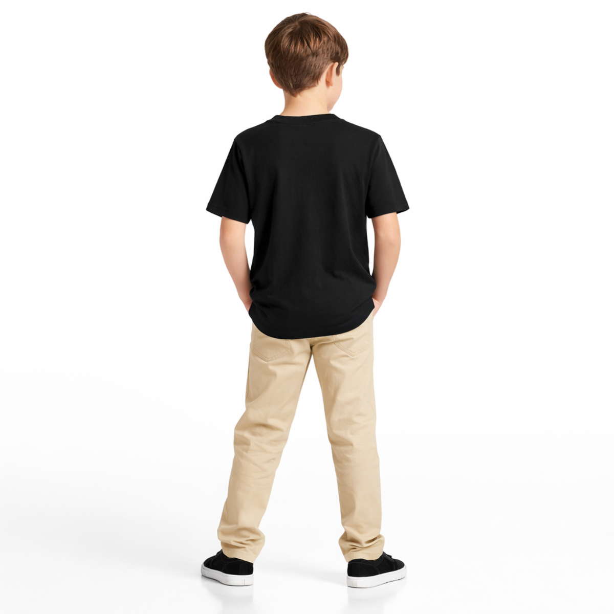 Back view of child wearing novelty St. Patricks day t-shirt and beige pants on a white background