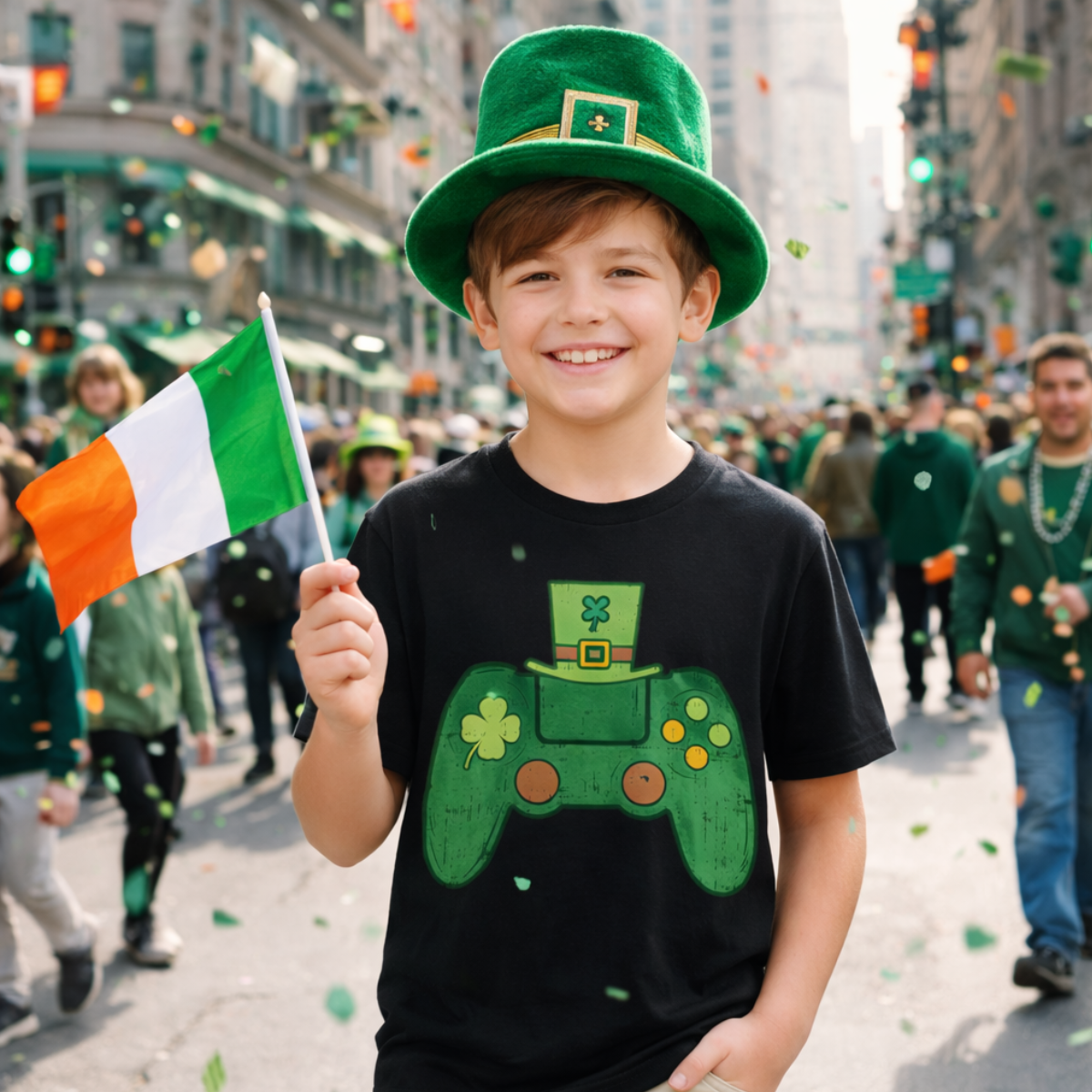 Child holding an Irish flag and wearing a St. Patricks Day black t-shirt with a green design, standing on a street with people and buildings in the background.