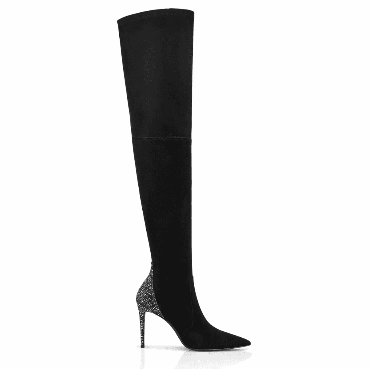 Over the knee black boots with crystal-embellished heels