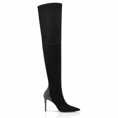 Over the knee black boots with crystal-embellished heels
