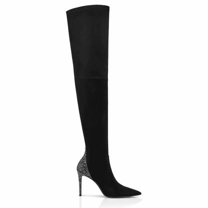 Over the knee black boots with crystal-embellished heels