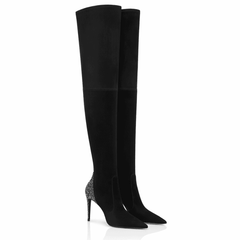Black thigh-high boots with crystal-studded stiletto heels
