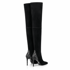 Elegant black over the knee boots with sparkling crystal heels
