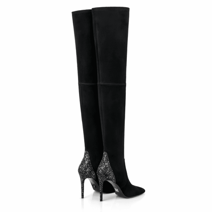 Elegant black over the knee boots with sparkling crystal heels