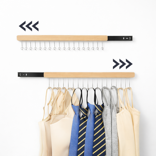 Wall-mounted clothing rack with shirts and ties on a white background