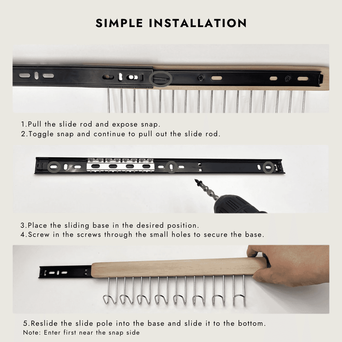 Step-by-step installation guide for a sliding rod system with text instructions.