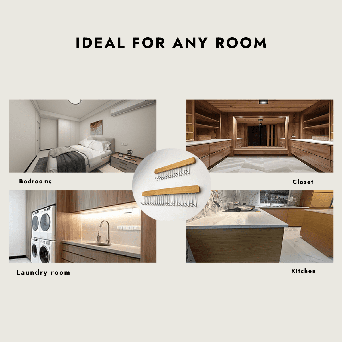 Collage of various rooms including bedrooms, closet, laundry room, and kitchen with text 'Ideal for any room'.