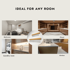 Collage of various rooms including bedrooms, closet, laundry room, and kitchen with text 'Ideal for any room'.