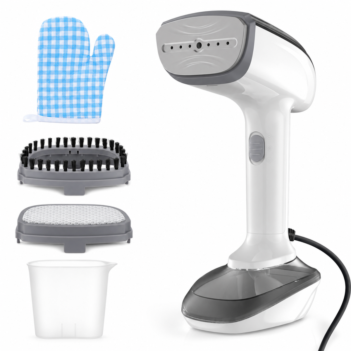A handheld steam iron shown with its accessories on a white background: a blue-and-white gingham oven mitt, a gray bristle brush, a fabric cleaning pad, and a small clear cup. The main product is white and gray, with a black power cord visible.