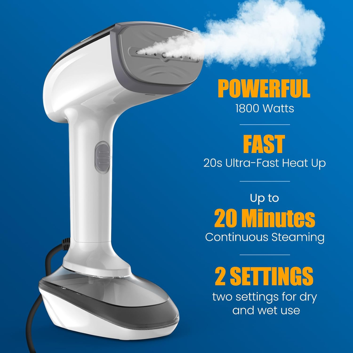 Handheld steamer with steam emission on a blue background, featuring text about its specifications.