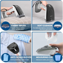 A 4-panel product feature collage for a handheld steam cleaning device. The top-left panel shows the device being used on a patterned fabric surface, labeled 'FABRIC BRUSH'.
