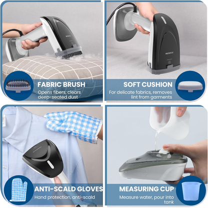 A 4-panel product feature collage for a handheld steam cleaning device. The top-left panel shows the device being used on a patterned fabric surface, labeled 'FABRIC BRUSH'.