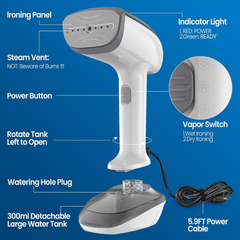 Handheld steamer with labeled parts on a blue background