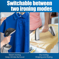 Two modes of a handheld steamer being used on a blue shirt and yellow fabric with text indicating switchable modes.