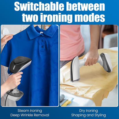 Two modes of a handheld steamer being used on a blue shirt and yellow fabric with text indicating switchable modes.