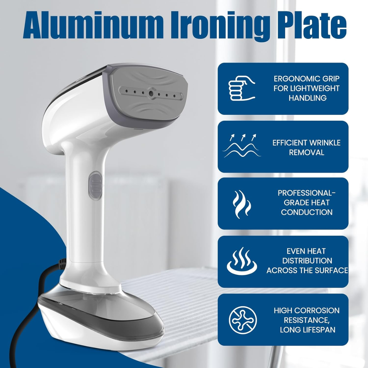 Handheld steamer with features listed on a white background