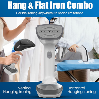 Hang & Flat Iron Combo with text 'Flexible Ironing Anywhere No space limitations' on a blue background.