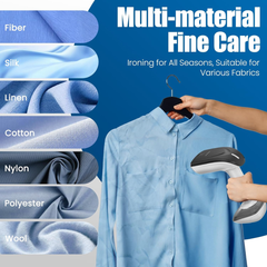A light blue button-up shirt on a hanger being ironed with a handheld steamer, with text reading 'Multi-material Fine Care' and fabric type labels on the left including fiber, silk, linen, cotton, nylon, polyester, and wool.