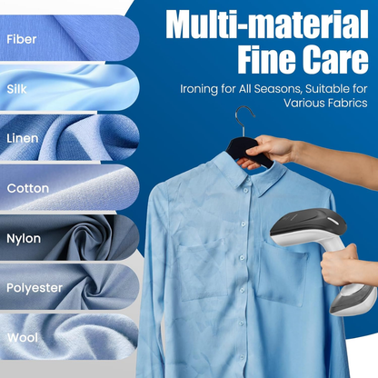 A light blue button-up shirt on a hanger being ironed with a handheld steamer, with text reading 'Multi-material Fine Care' and fabric type labels on the left including fiber, silk, linen, cotton, nylon, polyester, and wool.
