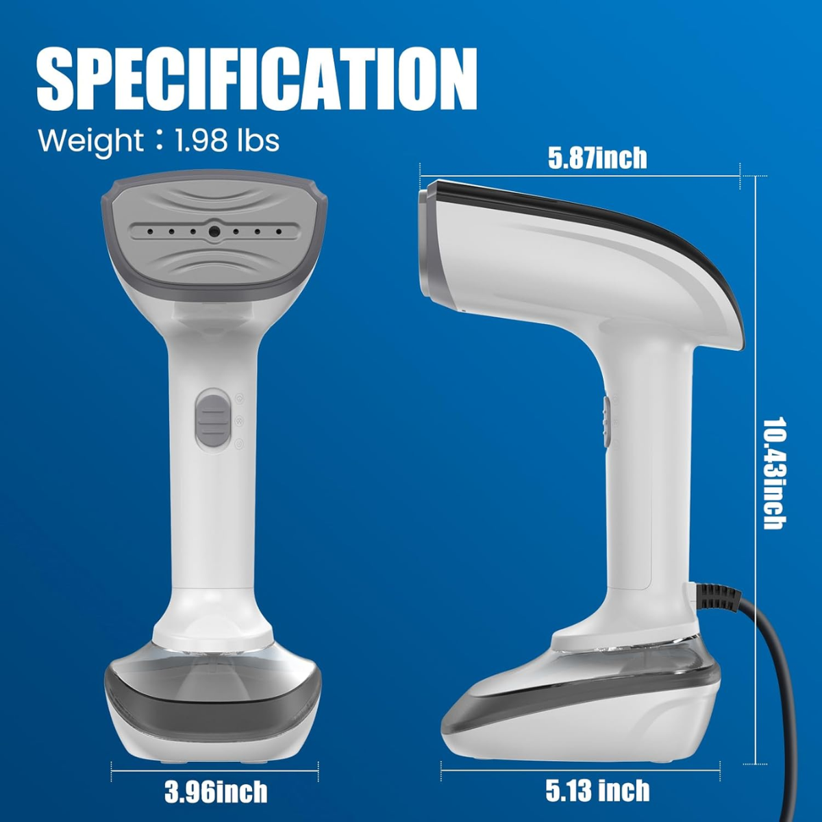 Specification and dimensions graphic for a handheld steamer, showing two views of the device on a blue background with labeled measurements for width, height, and depth, plus weight text.
