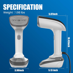 Specification and dimensions graphic for a handheld steamer, showing two views of the device on a blue background with labeled measurements for width, height, and depth, plus weight text.