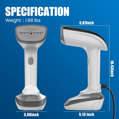 Specification and dimensions graphic for a handheld steamer, showing two views of the device on a blue background with labeled measurements for width, height, and depth, plus weight text.